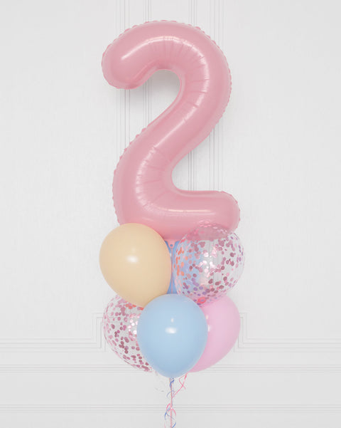 Bluey Pink Number Confetti Balloon Bouquet, 7 Balloons, close up, sold by Balloon Expert