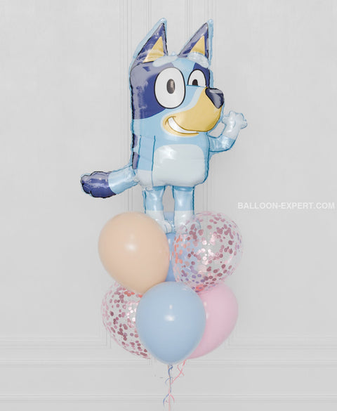 Bluey Supershape Confetti Balloon Bouquet, close up image