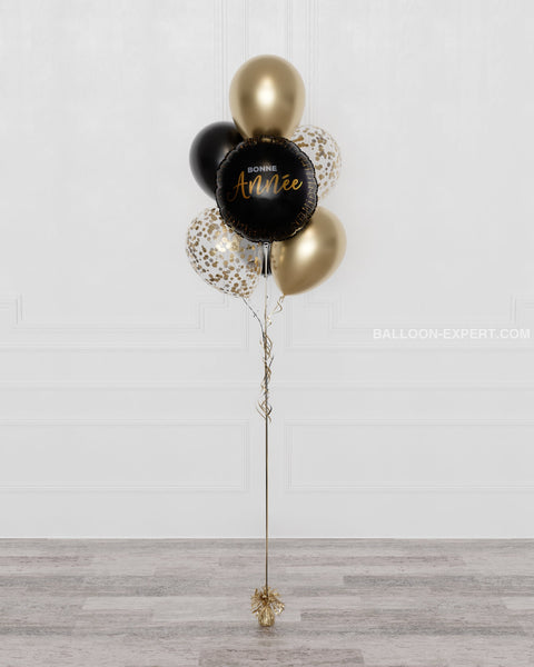 Bonne Année Black Confetti Balloon Bouquet, 7 Balloons, in Black and Gold, full image, sold by Balloon Expert