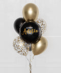 Bonne Année Black Confetti Balloon Bouquet, 7 Balloons, in Black and Gold, sold by Balloon Expert