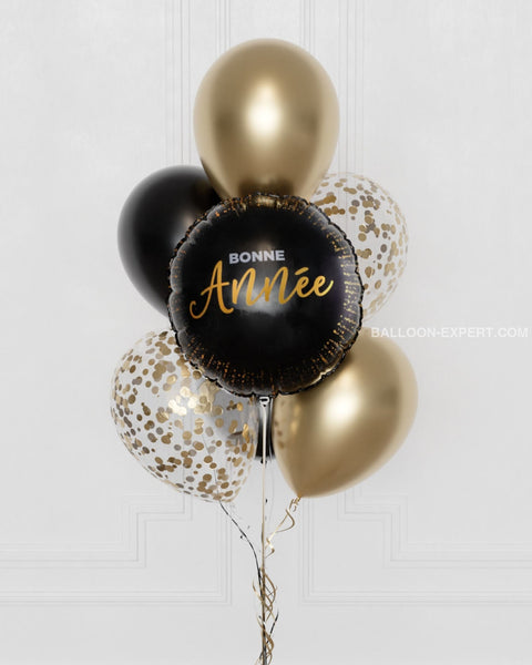 Bonne Année Black Confetti Balloon Bouquet, 7 Balloons, in Black and Gold, sold by Balloon Expert