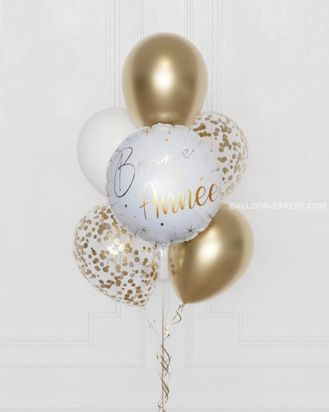 Bonne Année Confetti Balloon Bouquet, 7 Balloons - Gold and White , close-up image, sold by Balloon Expert