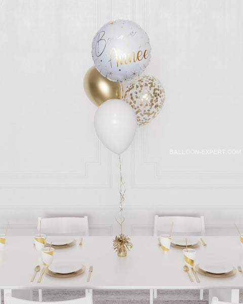 Bonne Année Confetti Foil Balloon Bouquet, 4 Balloons, in White and Gold