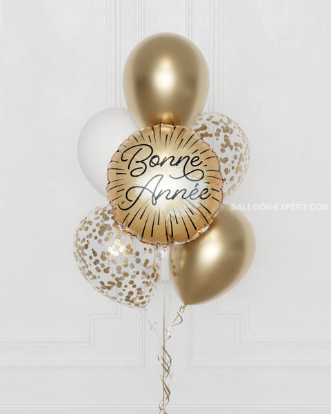 Bonne Année Gold Confetti Balloon Bouquet, close up image