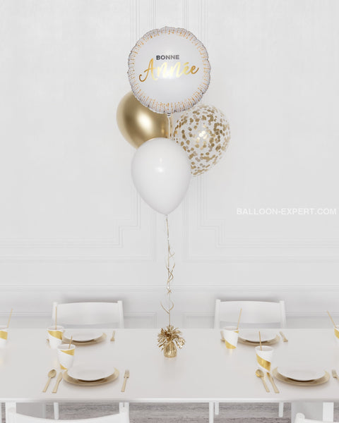 Bonne Année Confetti Foil Balloon Bouquet 4 Balloons - White And Gold Bouquets