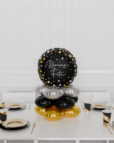 Bonne Fete Quad Balloon Centerpiece Black, Gold, and Silver