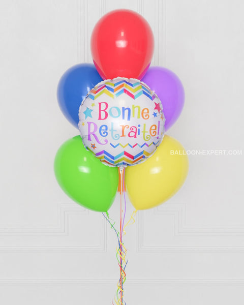 Bonne Retraite Rainbow Balloon Bouquet, 7 Balloons, close up image, sold by Balloon Expert