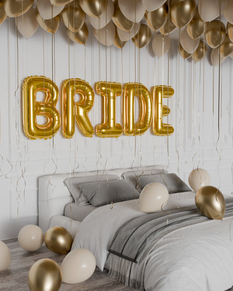 Bride Surprise Balloon Room Setup in Gold, White, and Cashmere