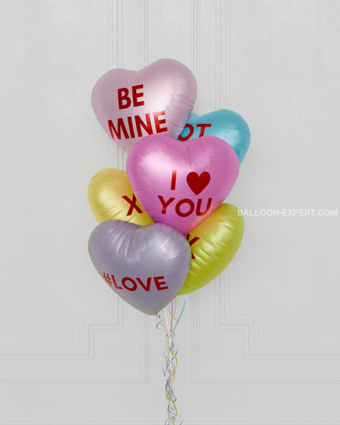 Candy Heart Foil Balloon Bouquet, 6 Balloons, close up image, sold by Balloon Expert