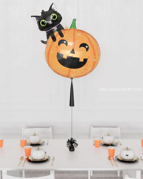 Cat and Pumpkin Supershape Balloon with Tassel, inflated with helium