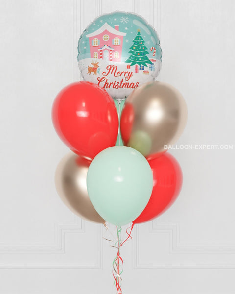 Christmas Balloon Bouquet, 7 Balloons - Red, Mint, and Gold, sold by Balloon Expert