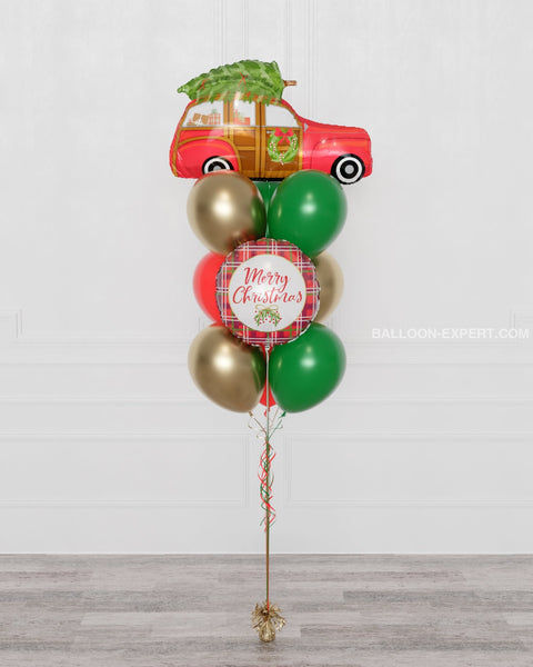 Christmas Woody Wagon Balloon Bouquet, 10 Balloons, in Red, Green, and Gold, sold by Balloon Expert