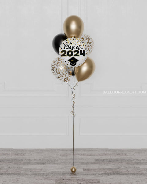 Class of 2024 Confetti Balloon Bouquet, 7 Balloons, Black and Gold, Full image