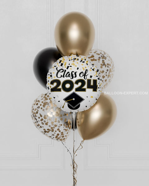 Class Of 2024 Confetti Balloon Bouquet 7 Balloons - Black And Gold Bouquets