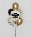 Class of 2024 Confetti Balloon Bouquet, 7 Balloons, black and Gold, close up image