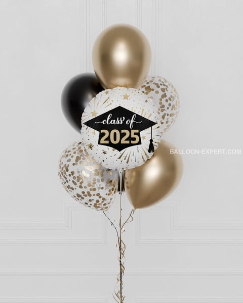 Class of 2024 Confetti Balloon Bouquet, 7 Balloons, black and Gold, close up image