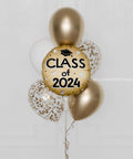 Class of 2024 Confetti Balloon Bouquet, 7 Balloons, Gold and White, Helium Inflated, Closeup