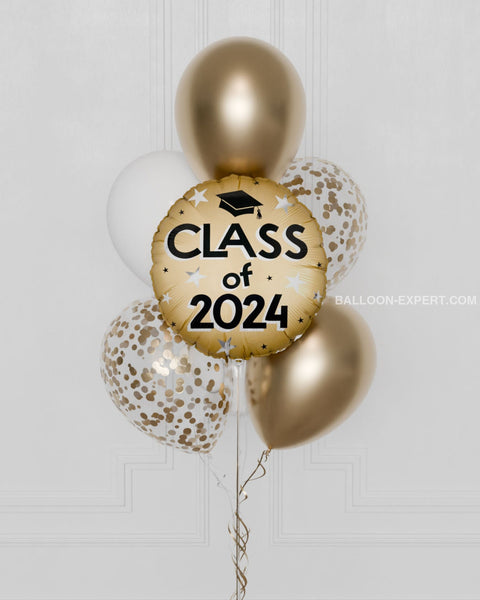 Class of 2024 Confetti Balloon Bouquet, 7 Balloons, Gold and White, Helium Inflated, Closeup