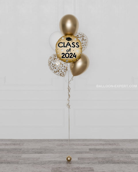 Class of 2024 Confetti Balloon Bouquet, 7 Balloons - Gold and White, helium inflated