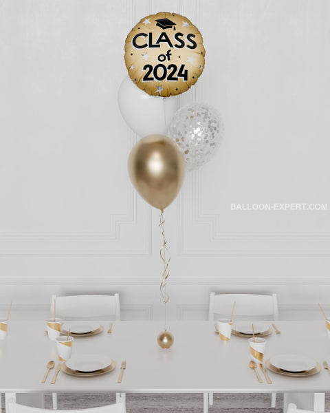 Class of 2024 Foil Confetti Balloon Bouquet, 4 Balloons in Gold and White, Helium Inflated