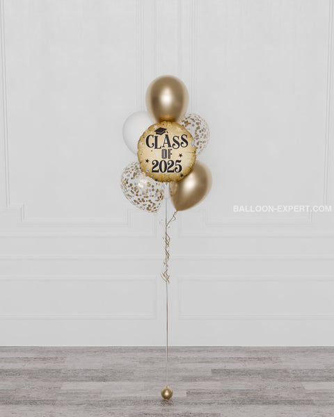 Class of 2025 Confetti Balloon Bouquet, 7 Balloons, Gold and White, Full Image