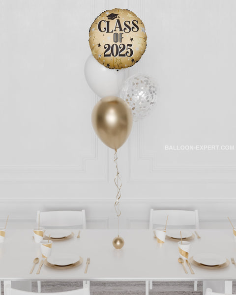 Class of 2025 Foil Confetti Balloon Bouquet, 4 Balloons, Gold and White colors