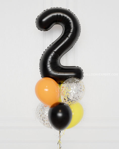 Construction Number Confetti Balloon Bouquet, 7 Balloons, close up image, sold by Balloon Expert