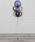 Eid Mubarak Confetti Balloon Bouquet, 7 Balloons, Blue and Gold, Helium Inflated