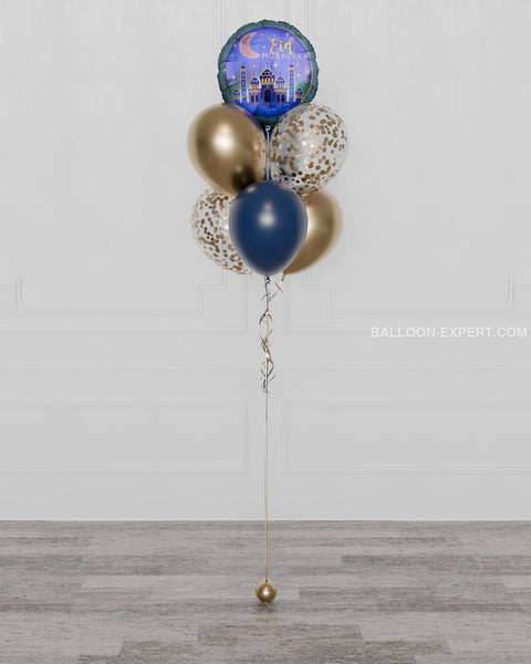Eid Mubarak Confetti Balloon Bouquet, 7 Balloons, Blue and Gold, Helium Inflated