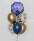 Eid Mubarak Confetti Balloon Bouquet, 7 Balloons, Blue and Gold, Helium Inflated, Close up picture