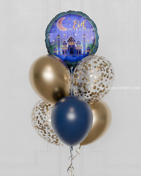 Eid Mubarak Confetti Balloon Bouquet, 7 Balloons, Blue and Gold, Helium Inflated, Close up picture