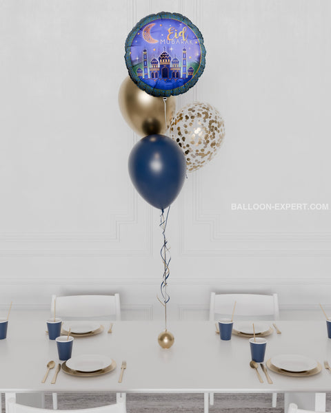 Eid Mubarak Foil Confetti Balloon Bouquet, 4 Balloons, Blue and Gold, Helium Inflated