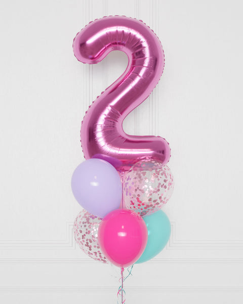 Gabby's Dollhouse Number Confetti Balloon Bouquet, 7 Balloons, close up image, sold by Balloon Expert
