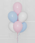 Gender Reveal Balloon Bouquet, 7 Balloons in Pink, Blue, and White (closeup image)