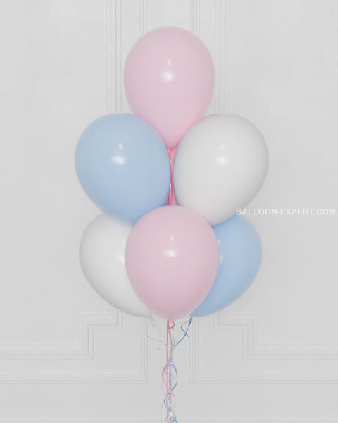 Gender Reveal Balloon Bouquet, 7 Balloons in Pink, Blue, and White (closeup image)