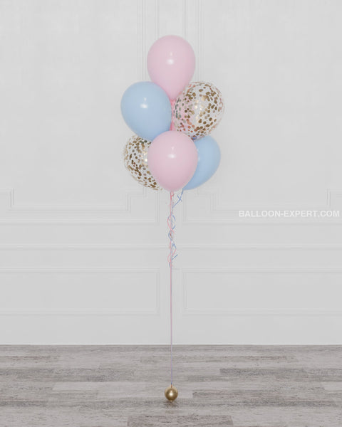 Gender Reveal Confetti Balloon Bouquet, 7 Balloons - Pink, Blue, and Gold