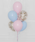 Gender Reveal Confetti Balloon Bouquet, 7 Balloons in Pink, Blue, and Gold (closeup image)
