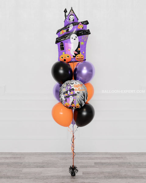 Halloween House Balloon Bouquet, 10 Balloons, helium Inflated, full image, sold by Balloon Expert