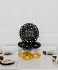 Happy Birthday Quad Balloon Centerpiece - Black, Gold, and Silver, balloon in english