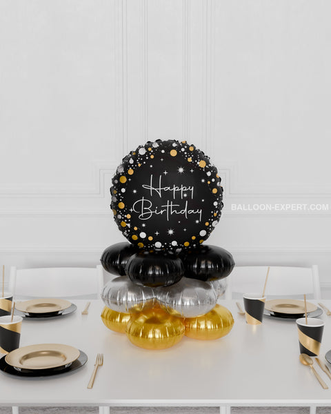 Happy Birthday Quad Balloon Centerpiece - Black, Gold, and Silver, balloon in english