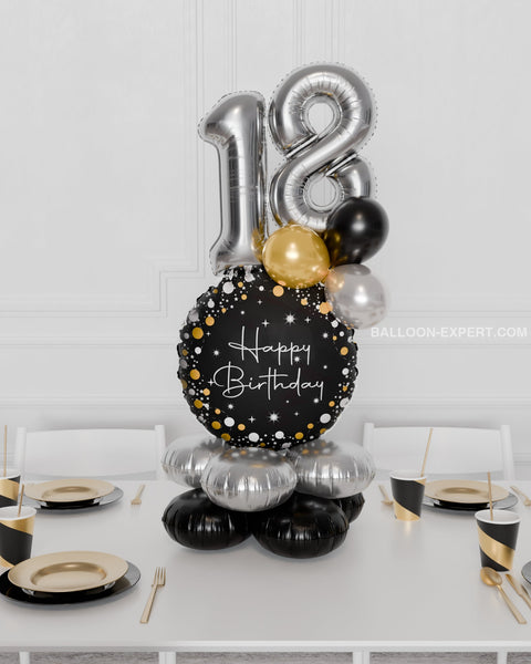 Happy Birthday Quad Balloon Centerpiece - Black, Gold, and Silver, english balloon