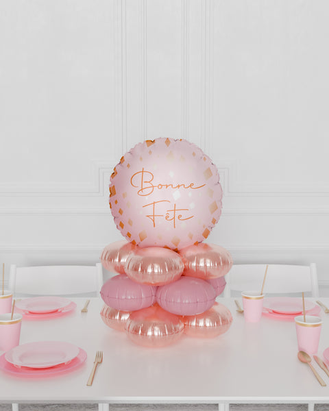 Happy Birthday Quad Balloon Centerpiece, Pink and Rose Gold, french balloon