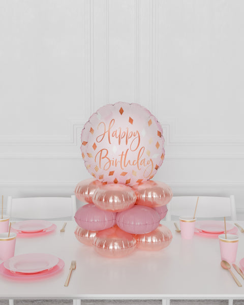 Happy Birthday Quad Balloon Centerpiece, Pink and Rose Gold, english balloon