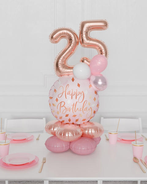 Happy Birthday Quad Number Balloon Centerpiece - Pink and Rose Gold