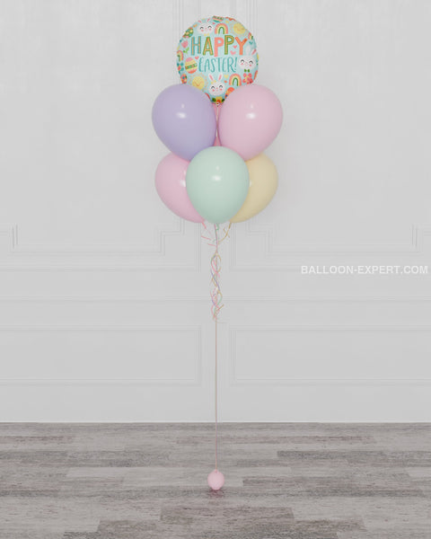 Happy Easter Balloon Bouquet, 7 Balloons, Pastel Rainbow, Helium Inflated, full image