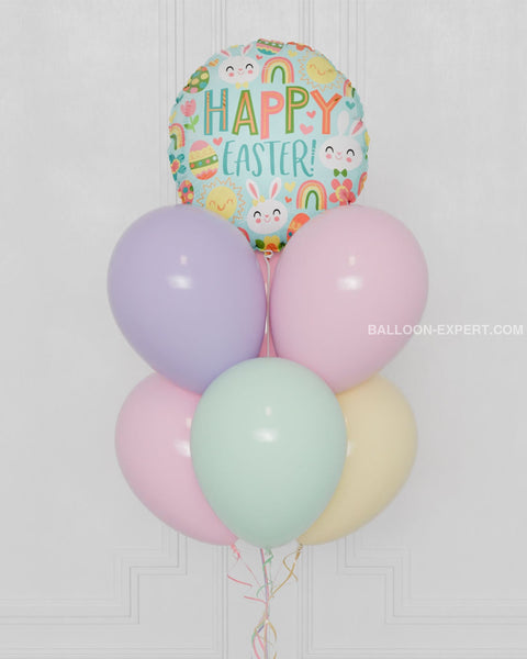 Happy Easter Balloon Bouquet, 7 Balloons, Pastel Rainbow, Helium Inflated, Close up picture