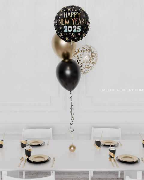 Happy New Year 2025 Confetti Foil Balloon Bouquet 4 Balloons - Black And Gold 2024 Centerpieces