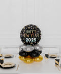 Happy New Year 2025 Quad Balloon Centerpiece in Black, Gold, and Silver