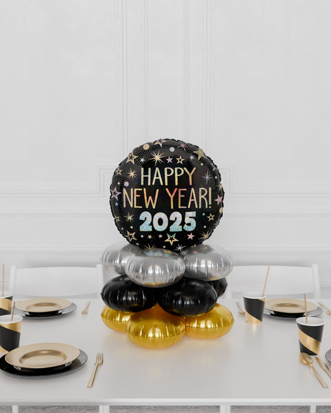 Happy New Year 2025 Quad Balloon Centerpiece in Black, Gold, and Silver