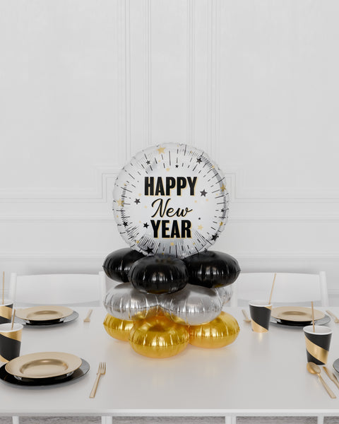 Happy New Year Quad Balloon Centerpiece in Silver, Black, and Gold